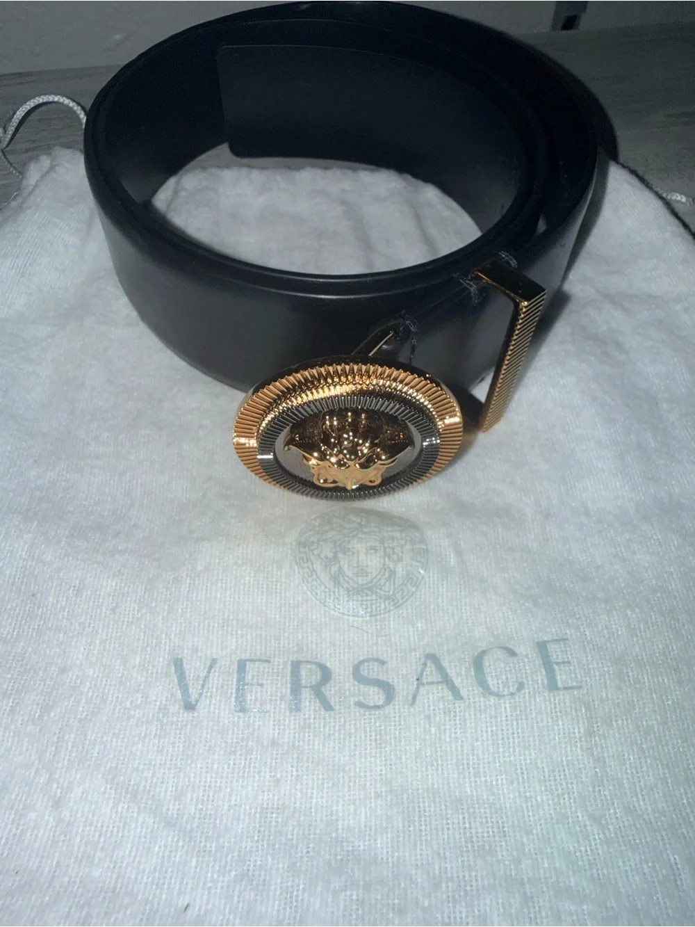 Versace Black Leather Belt with Gold Medusa Round Buckle